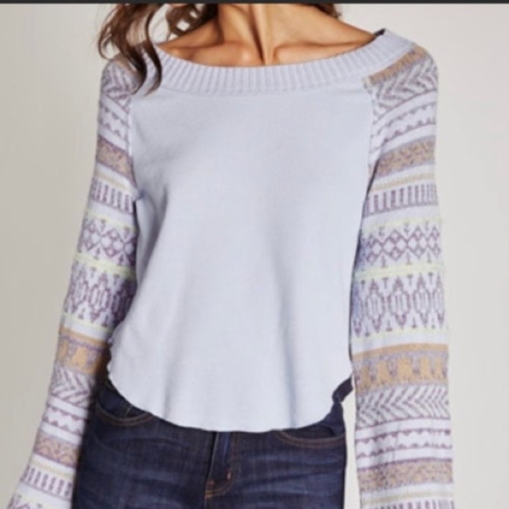 Free People Periwinkle Combo Wide Neck Long Bell Sleeve Sweater Shirt